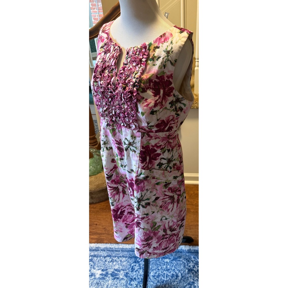 Rabbit Rabbit Rabbit Designs Pink Floral Ruffle Neck Sheath Dress w/ Pockets 14 - Picture 3 of 7
